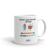 Load image into Gallery viewer, Book Z Doctor ‘Why don’t yogurt and medicine get along? One is probiotic, and the other is antibiotic!’ Ceramic Coffee Mug, Glossy White Tea Cup, Ideal Gift for Thanksgiving, Christmas, and Birthday, 11oz, 15oz